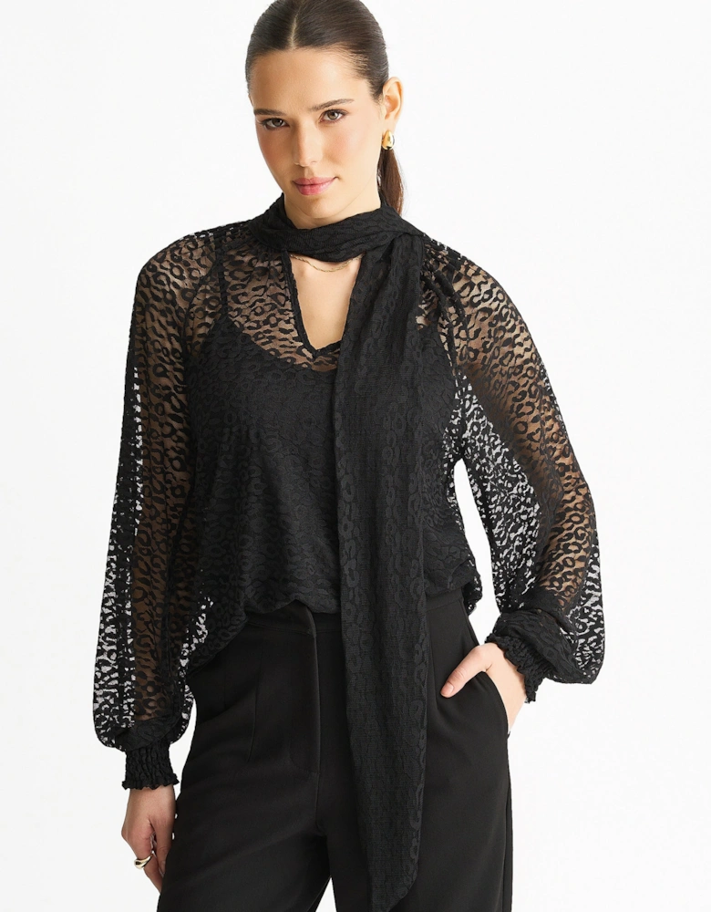 Black Animal Lace Neck Tie Detail Blouse