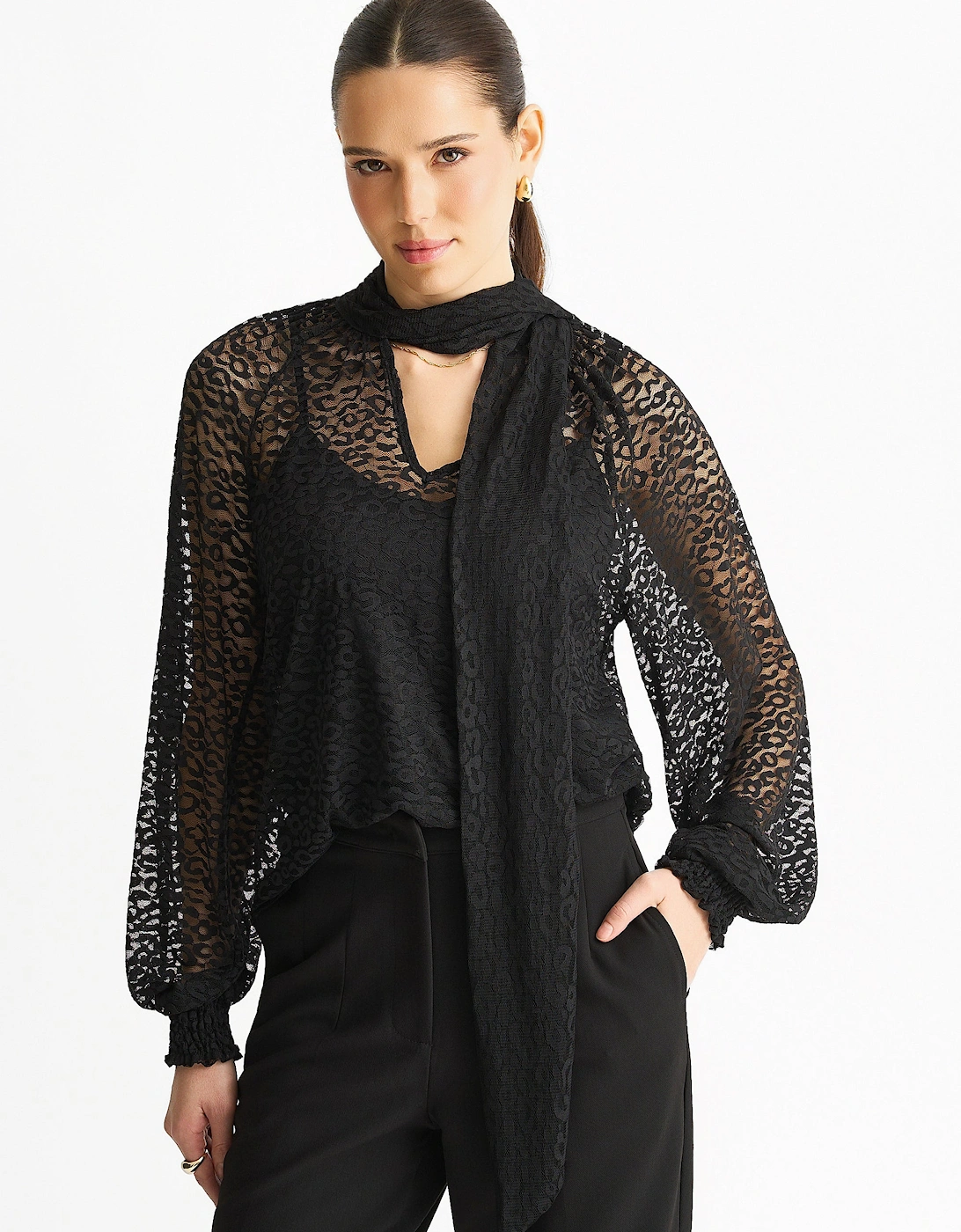 Gini London Women's Black Animal Lace Neck Tie Detail Blouse - Size: 8