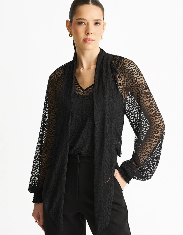 Black Animal Lace Neck Tie Detail Blouse
