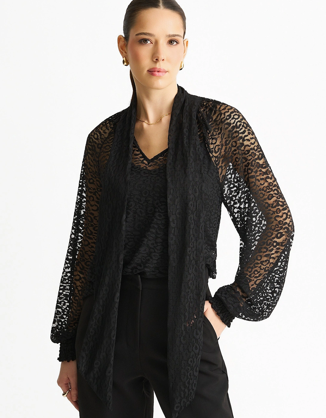 Black Animal Lace Neck Tie Detail Blouse