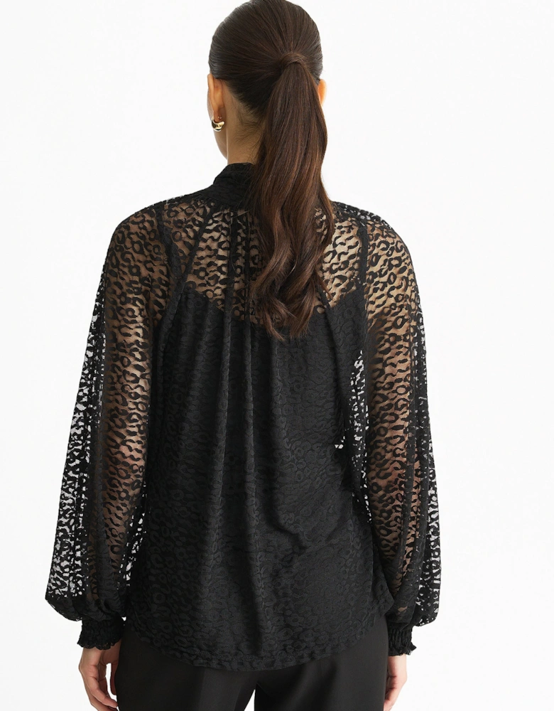 Black Animal Lace Neck Tie Detail Blouse