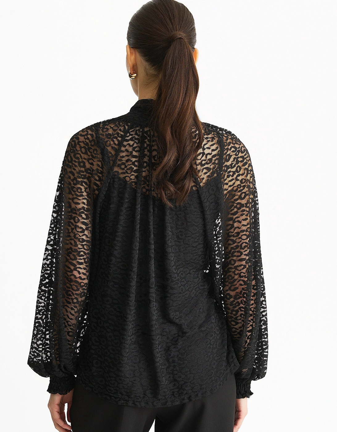 Black Animal Lace Neck Tie Detail Blouse