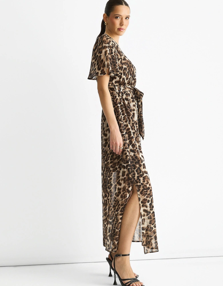 Brown Chiffon Animal Lurex Stripe Wrap Midi Dress