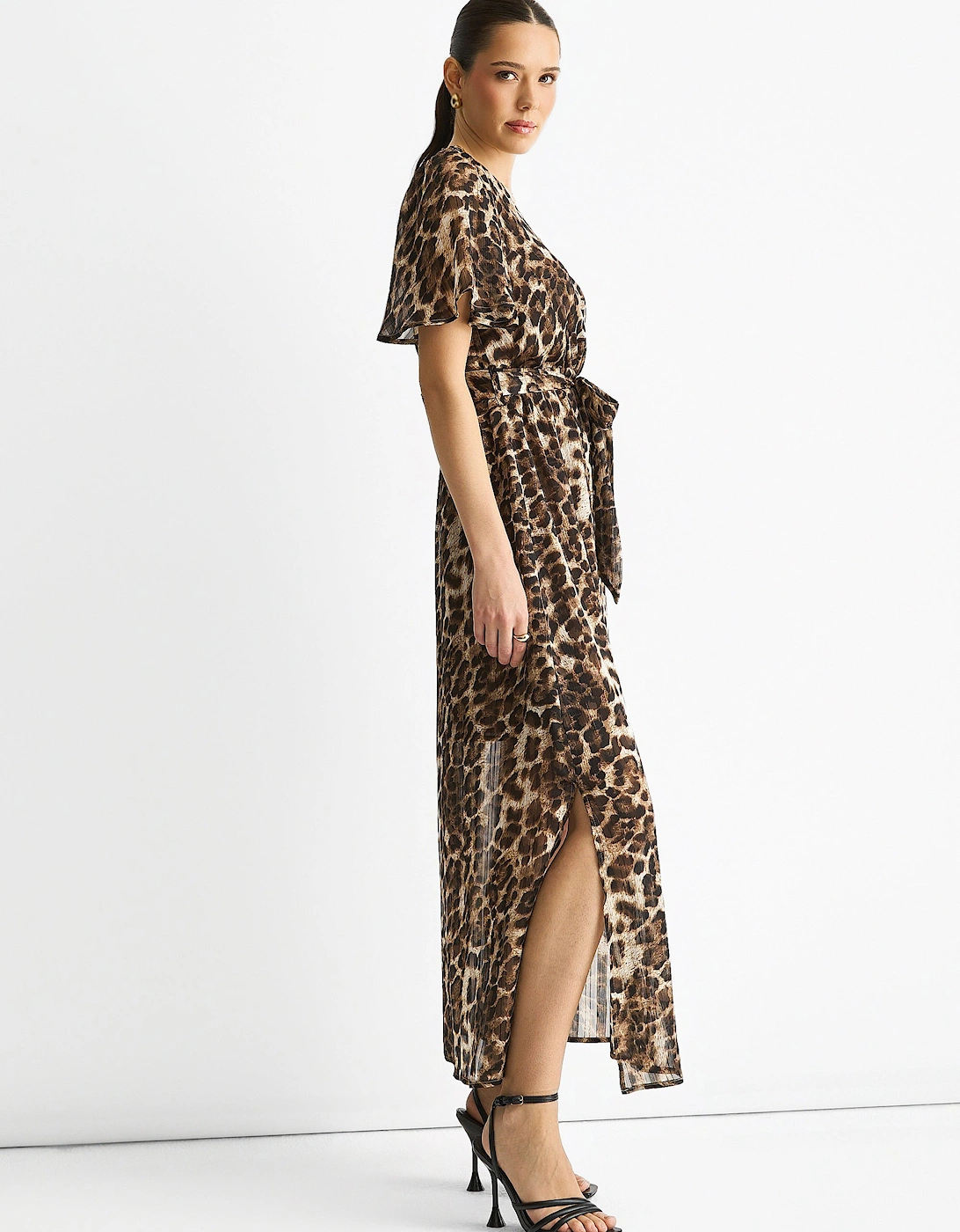 Brown Chiffon Animal Lurex Stripe Wrap Midi Dress