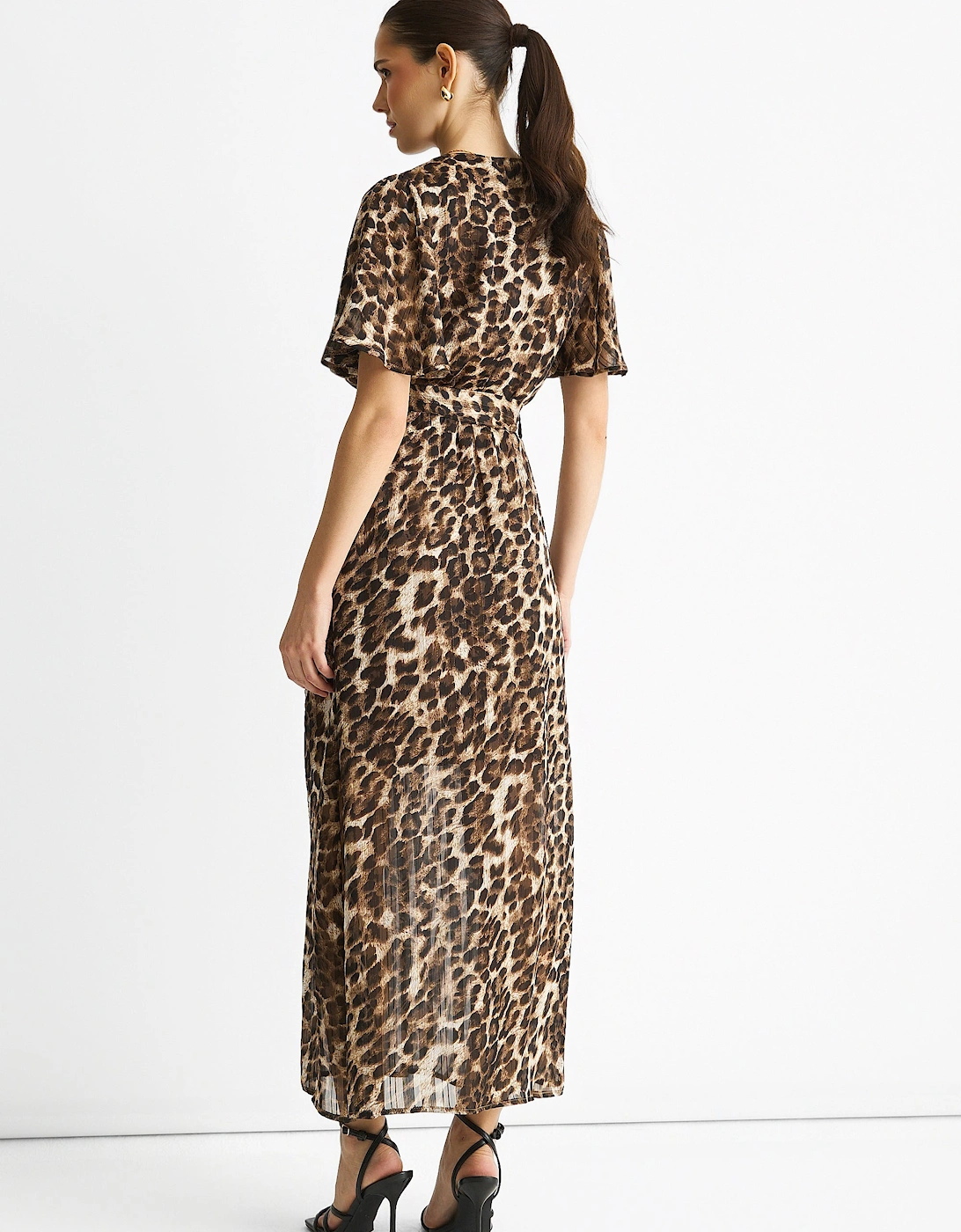 Brown Chiffon Animal Lurex Stripe Wrap Midi Dress