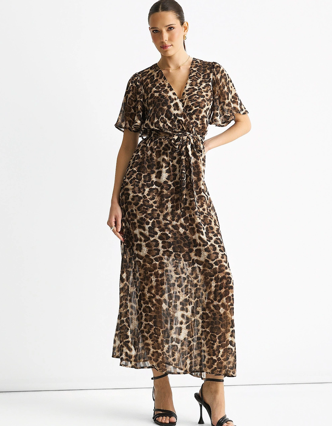 Brown Chiffon Animal Lurex Stripe Wrap Midi Dress, 5 of 4