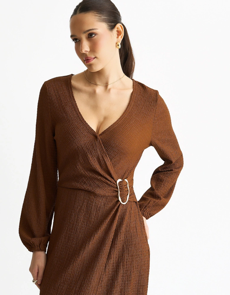 Brown Jersey Texture Wrap Metal Trim Midi Dress