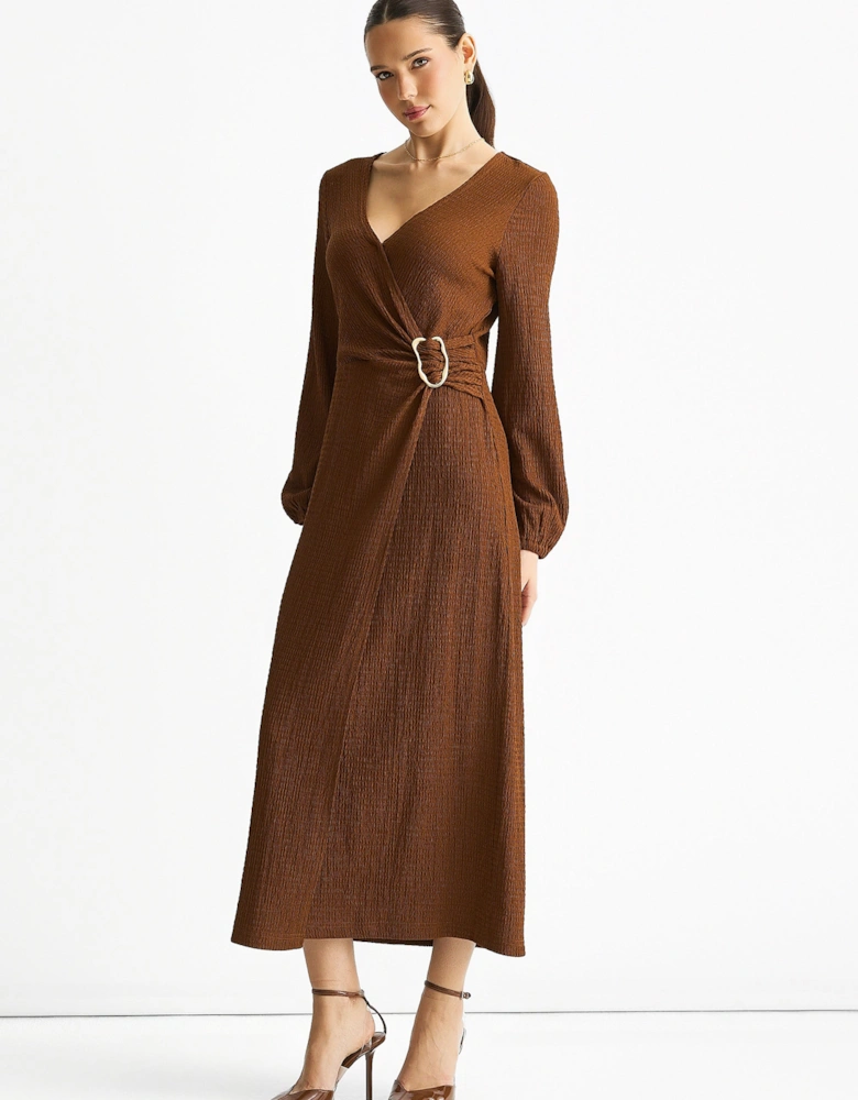 Brown Jersey Texture Wrap Metal Trim Midi Dress