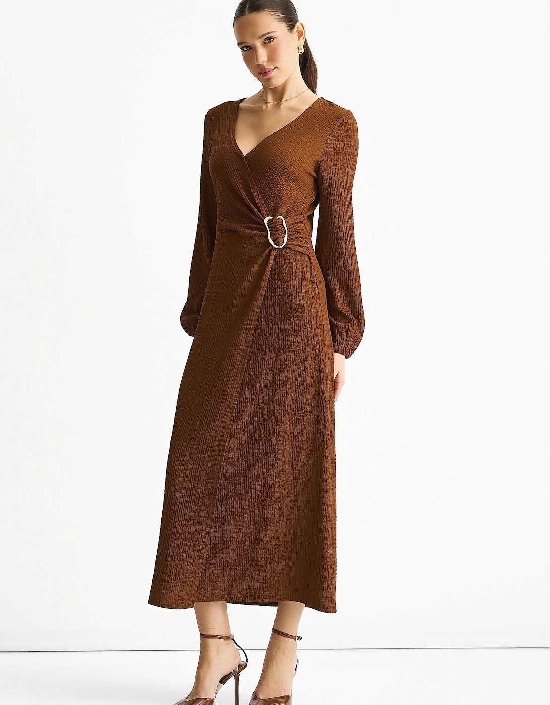 Brown Jersey Texture Wrap Metal Trim Midi Dress, 5 of 4