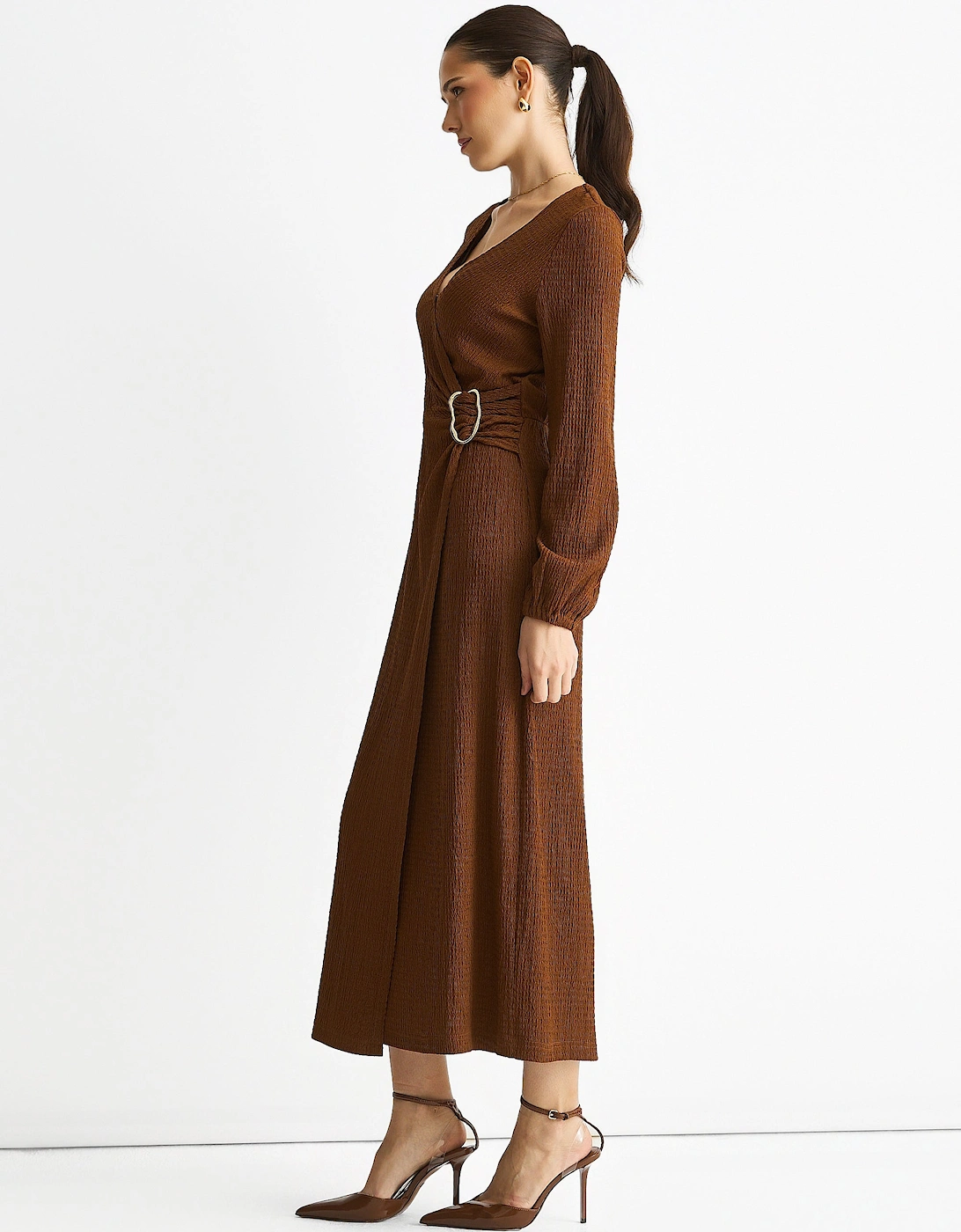 Brown Jersey Texture Wrap Metal Trim Midi Dress