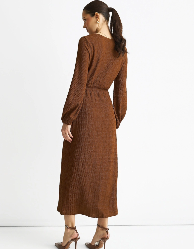 Brown Jersey Texture Wrap Metal Trim Midi Dress