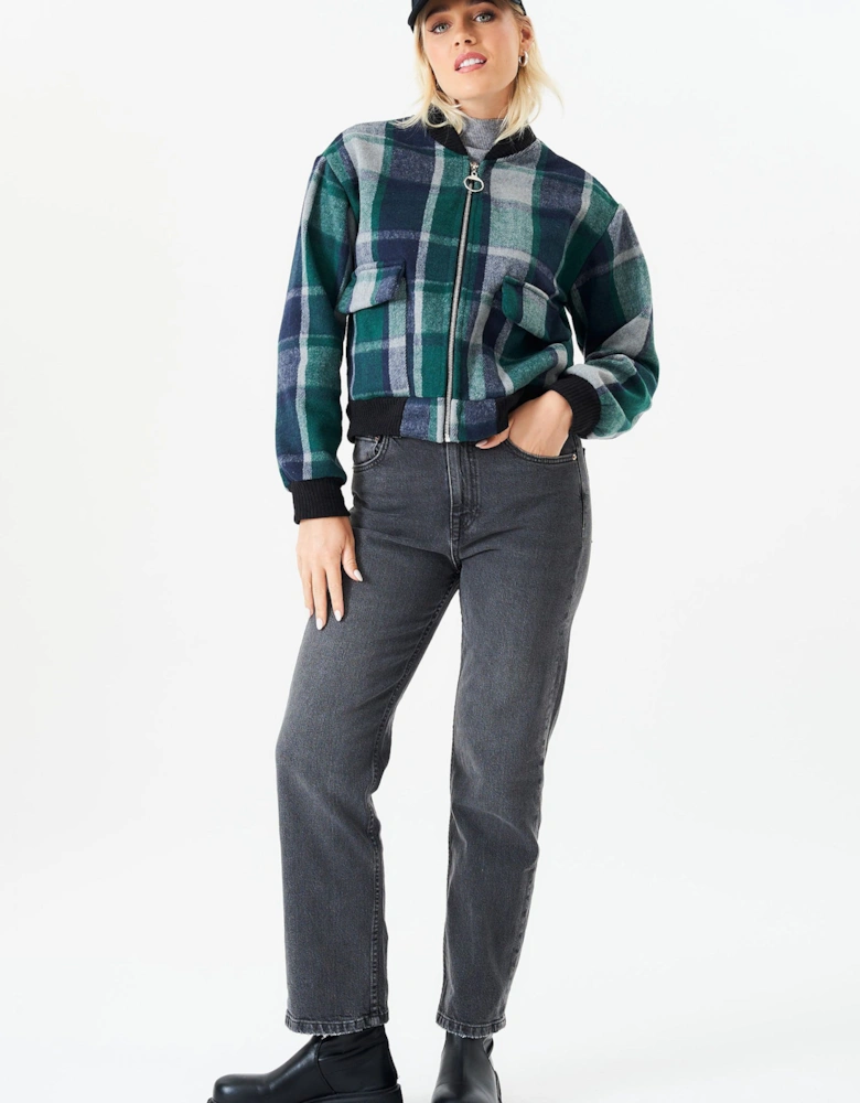 Green Contrast Rib Check Bomber Jacket