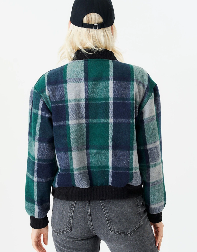 Green Contrast Rib Check Bomber Jacket