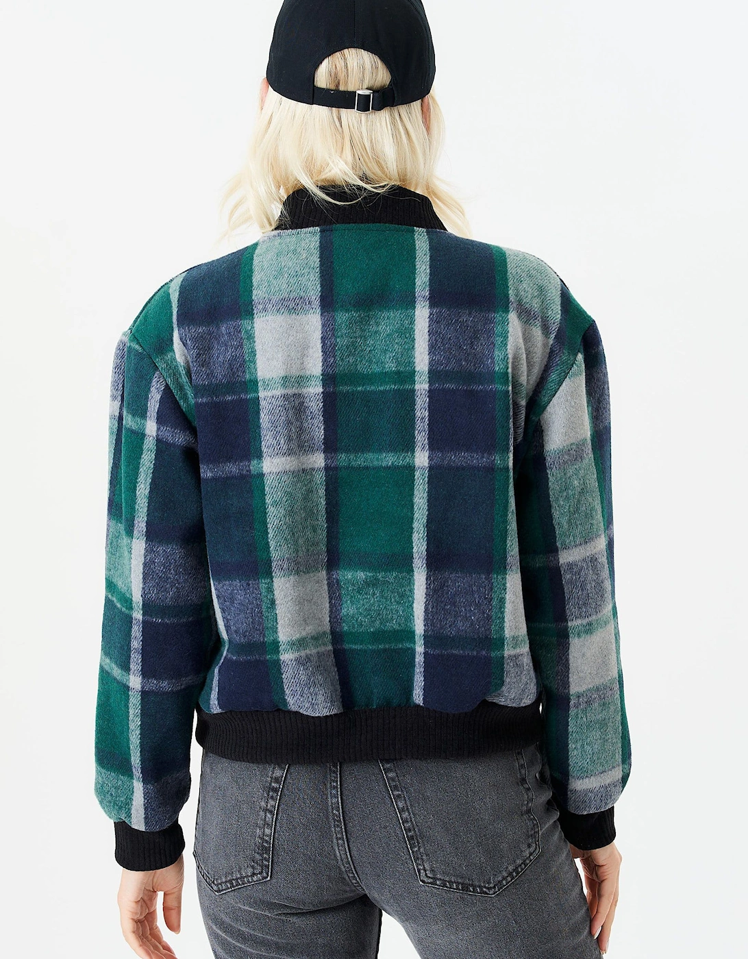 Green Contrast Rib Check Bomber Jacket