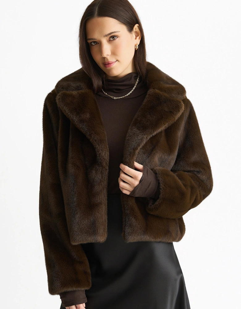 Coffee Crushed Look Faux Fur Cropped Jacket