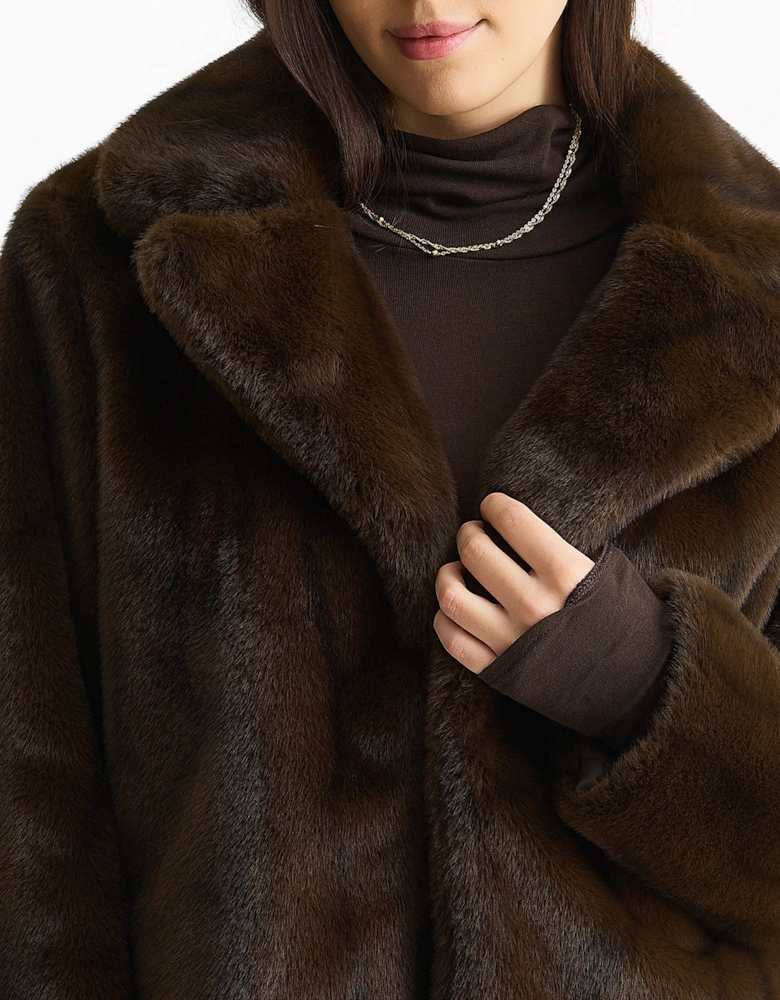 Coffee Crushed Look Faux Fur Cropped Jacket