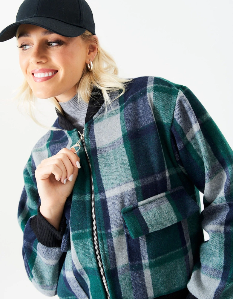 Green Contrast Rib Check Bomber Jacket