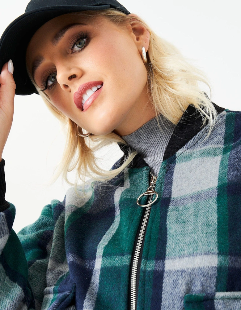 Green Contrast Rib Check Bomber Jacket