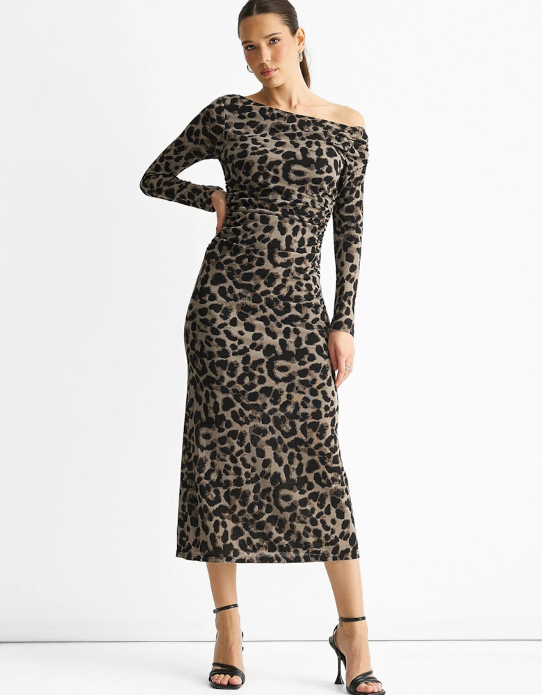 Grey Animal Jersey Animal One Shoulder Midi Dress