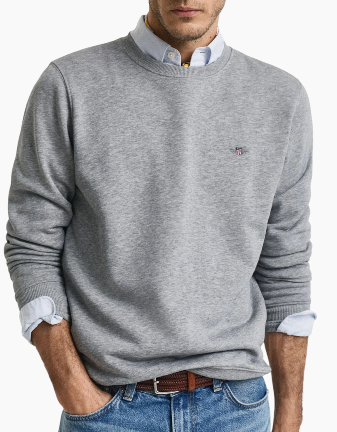 Gant Men's Grey Shield Crew Neck Sweatshirt Pullover French Terry Graphic Embroidered - Size: 38