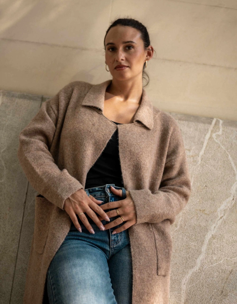 Brown Wool Mix Longline Edge to Edge Cardigan