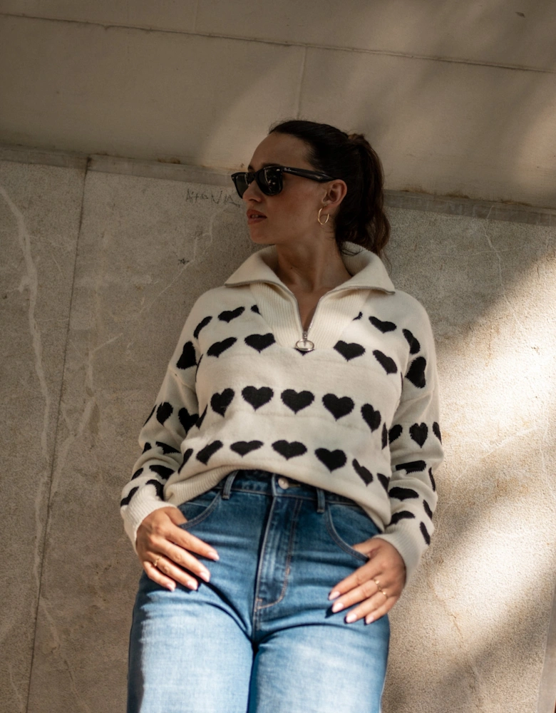 Cream Heart Zip Up Loose Fit Knit Jumper