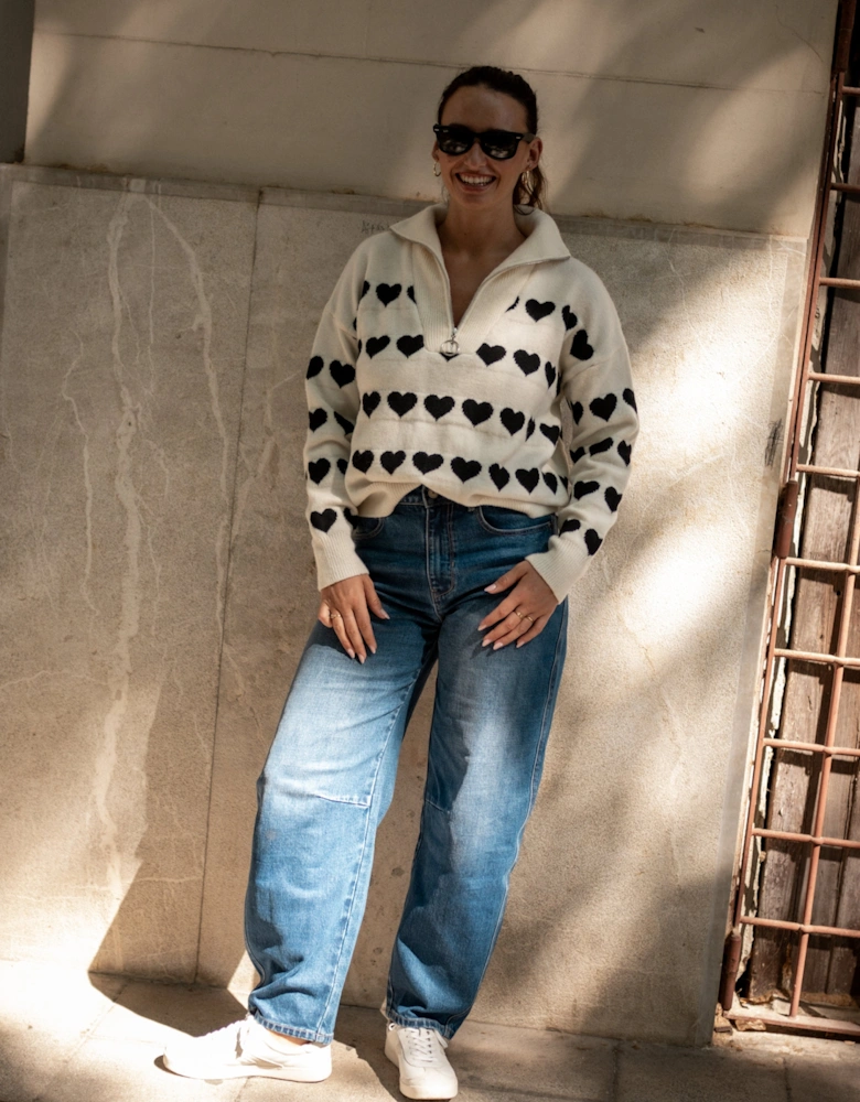 Cream Heart Zip Up Loose Fit Knit Jumper