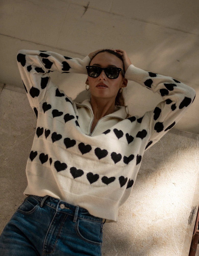 Cream Heart Zip Up Loose Fit Knit Jumper