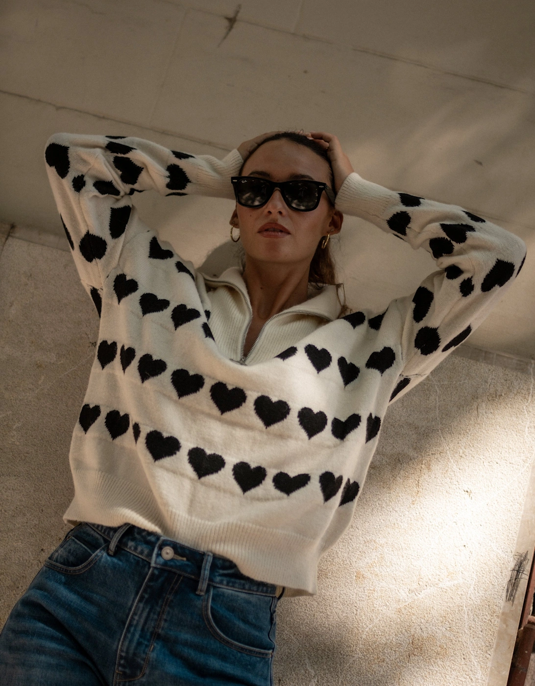 Cream Heart Zip Up Loose Fit Knit Jumper