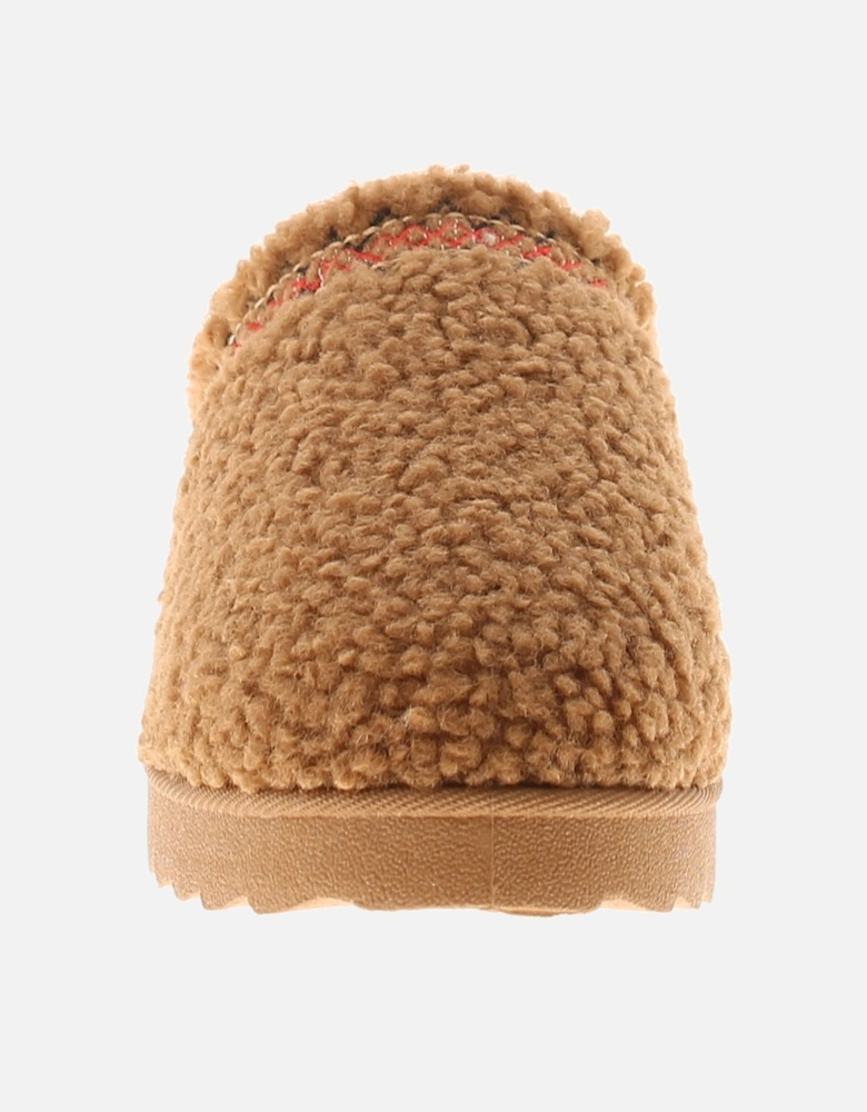 Womens Slippers Andover Slip On Borg Mules Chunky Soles Tan UK Size