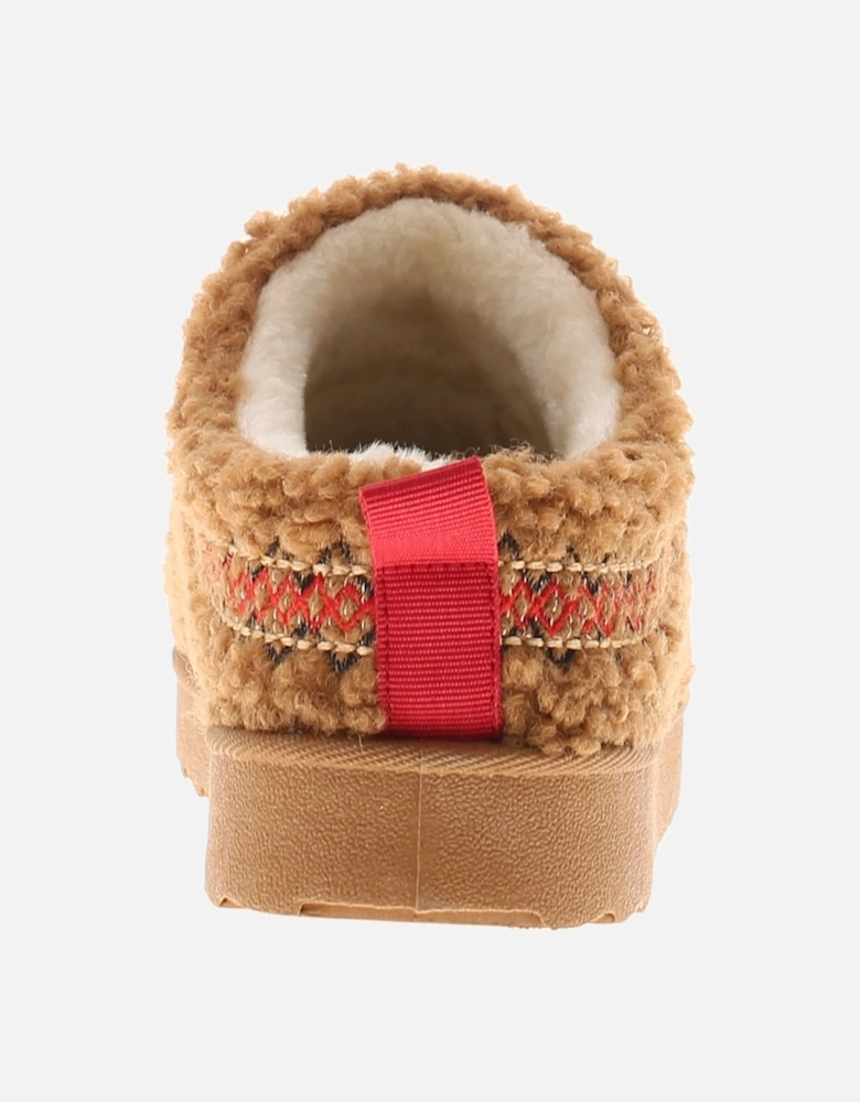 Womens Slippers Andover Slip On Borg Mules Chunky Soles Tan UK Size