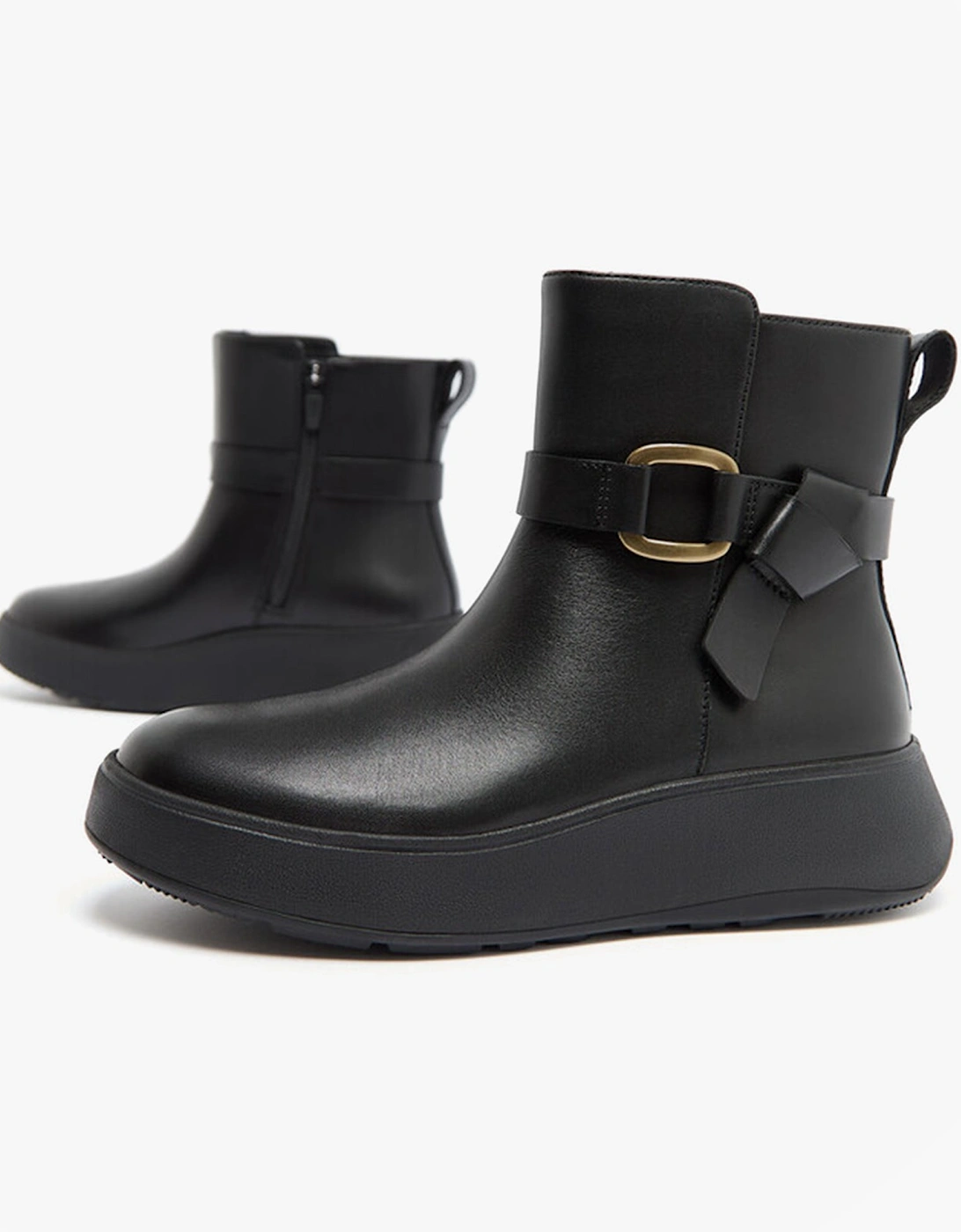 F-MODE SQUARE-RING LEATHER FLATFORM Ladies Ankle Boots Black