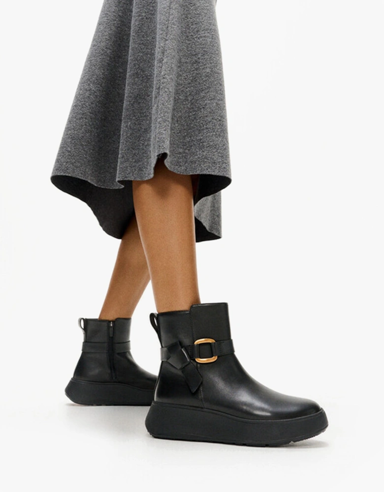 F-MODE SQUARE-RING LEATHER FLATFORM Ladies Ankle Boots Black