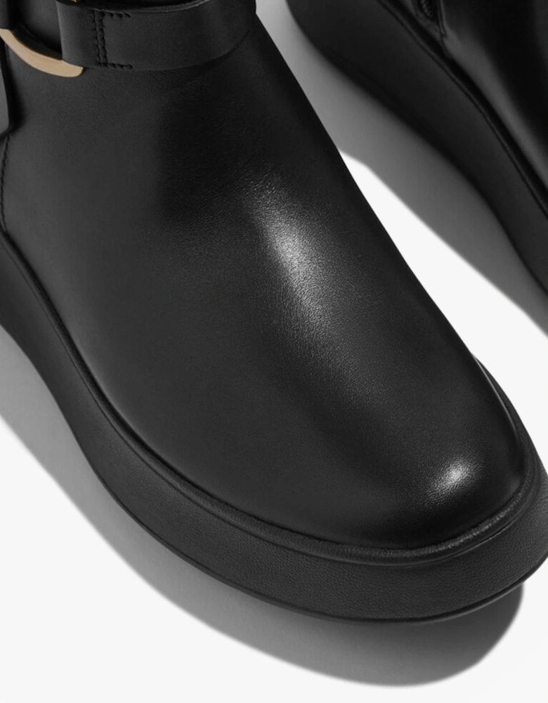 F-MODE SQUARE-RING LEATHER FLATFORM Ladies Ankle Boots Black