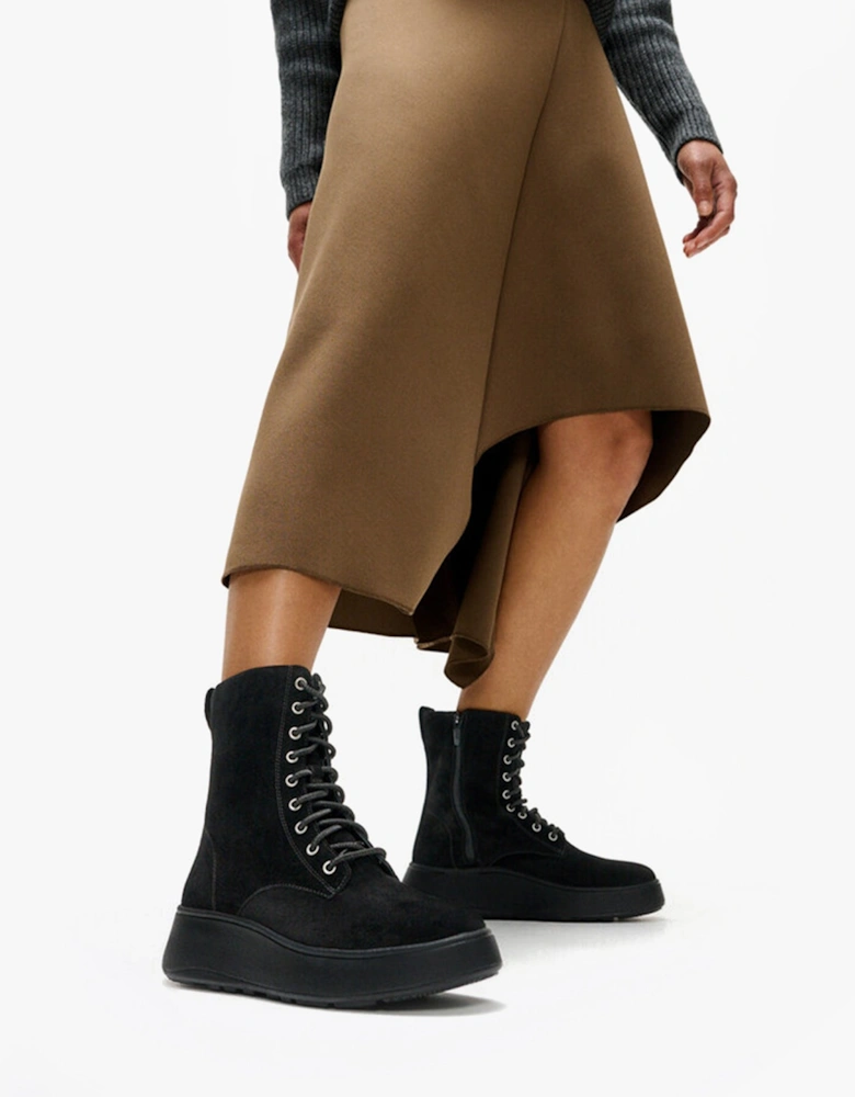 F-MODE SUEDE LACE-UP FLATFORM Ladies Ankle Boots All Black