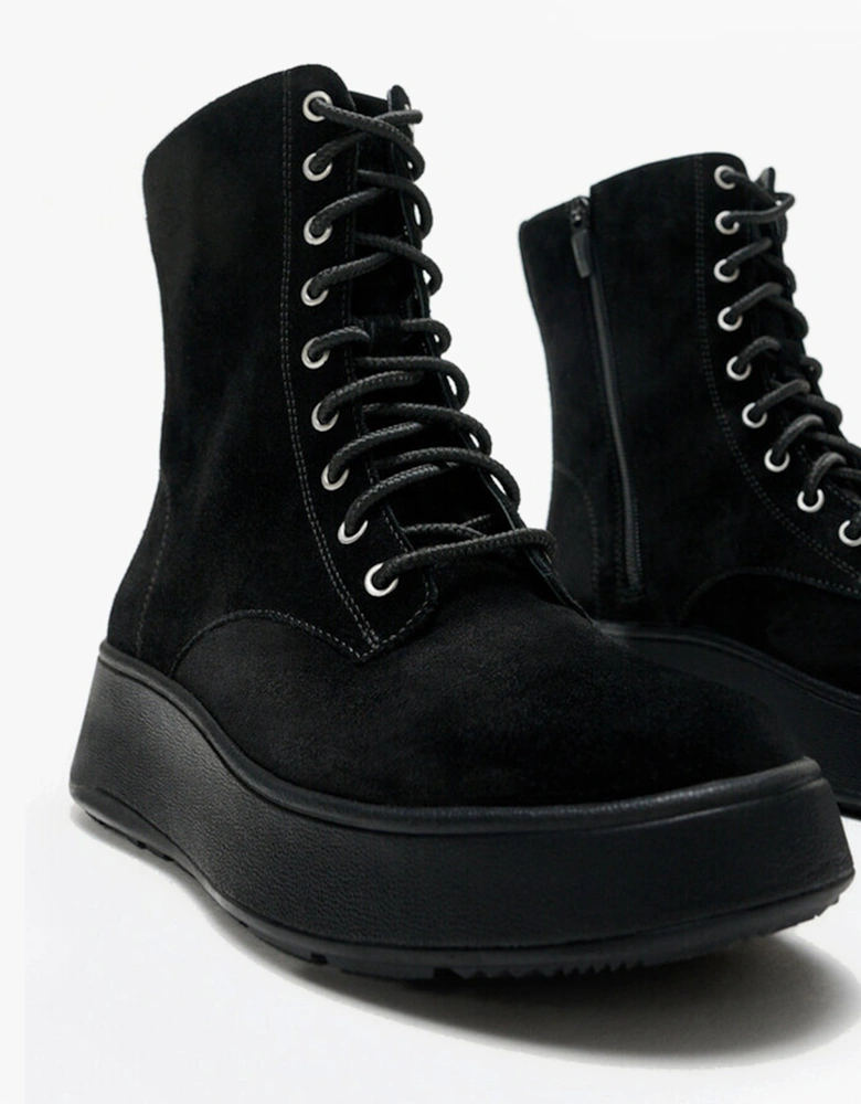F-MODE SUEDE LACE-UP FLATFORM Ladies Ankle Boots All Black