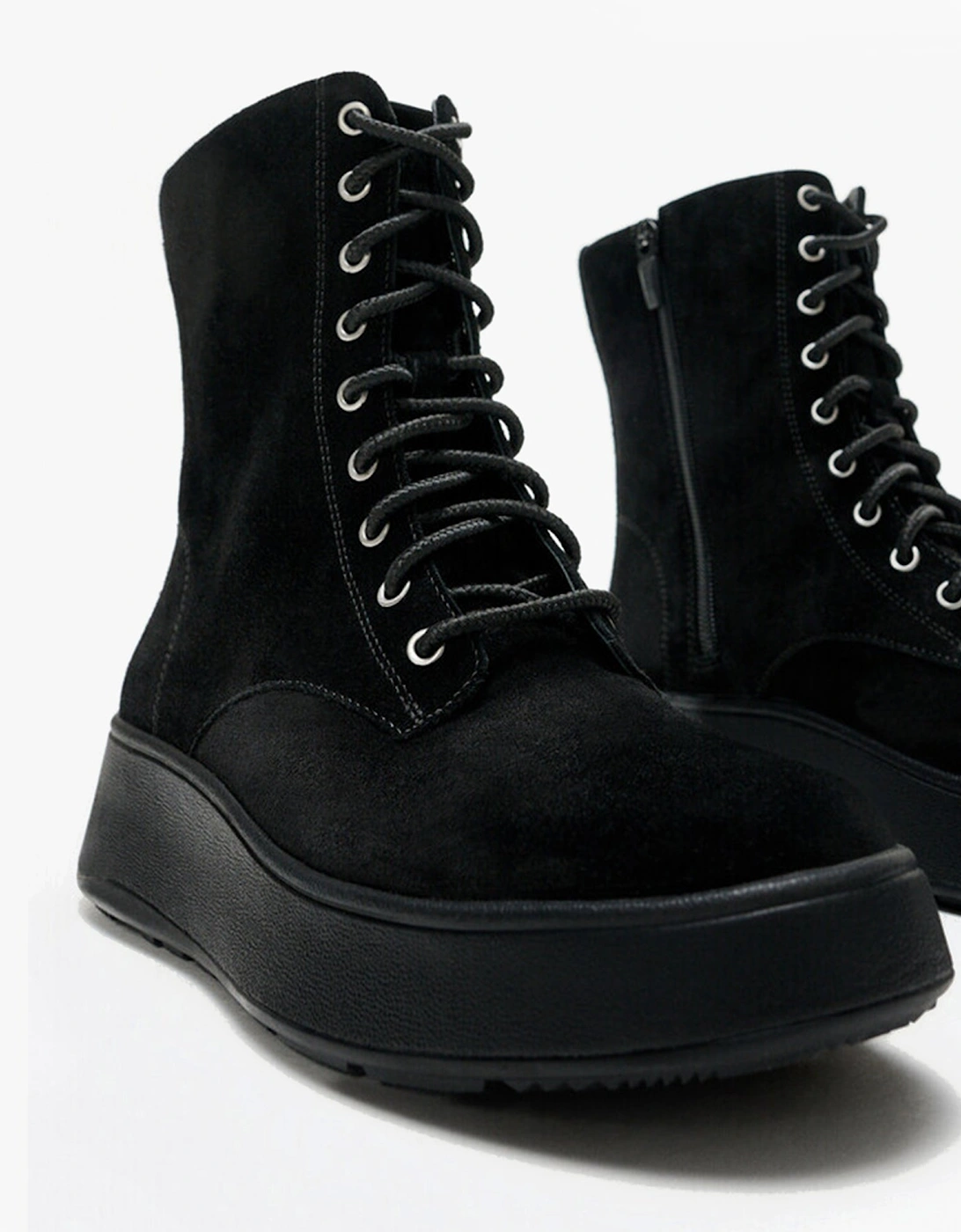 F-MODE SUEDE LACE-UP FLATFORM Ladies Ankle Boots All Black