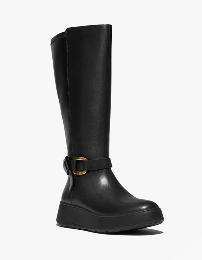 F-MODE SQUARE-RING LEATHER FLATFORM Ladies Tall Boots Blac