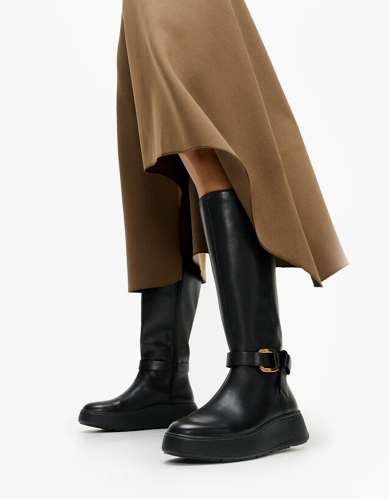 F-MODE SQUARE-RING LEATHER FLATFORM Ladies Tall Boots Blac