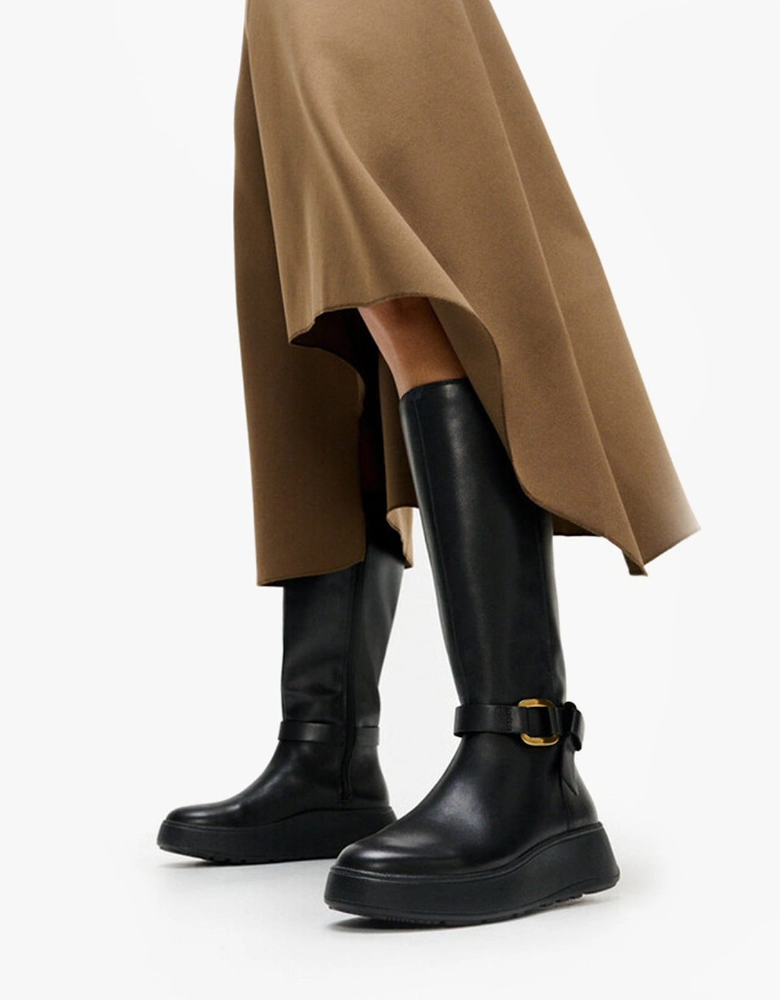 F-MODE SQUARE-RING LEATHER FLATFORM Ladies Tall Boots Blac