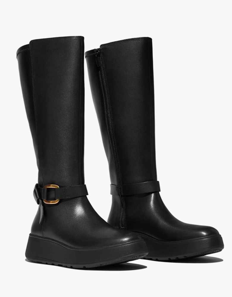 F-MODE SQUARE-RING LEATHER FLATFORM Ladies Tall Boots Blac