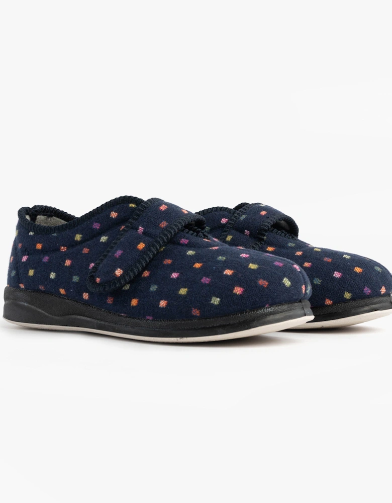CAMILLA Womens (2E Fit) Touch Fasten Polka Dot Slippers Navy/Multi