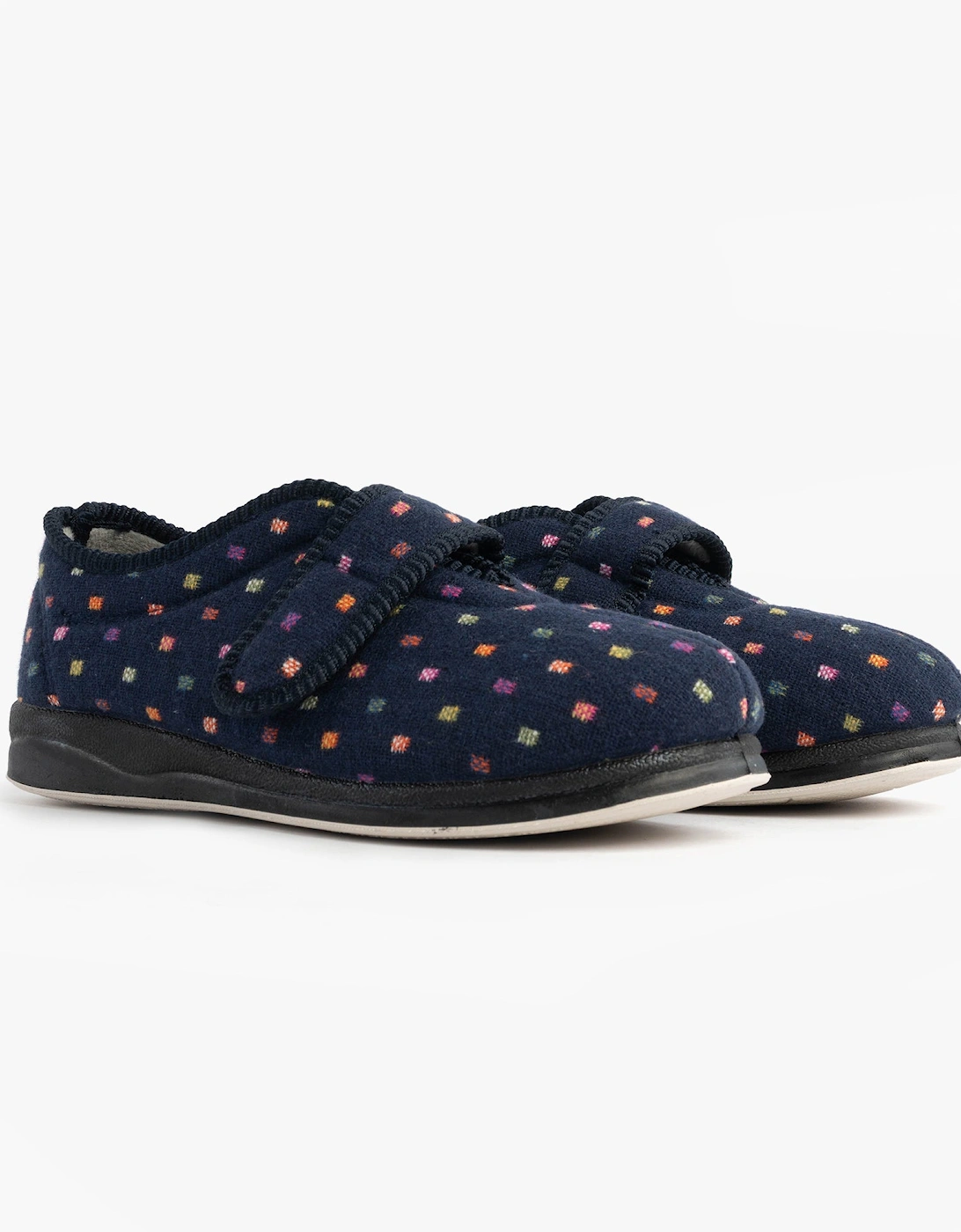 CAMILLA Womens (2E Fit) Touch Fasten Polka Dot Slippers Navy/Multi