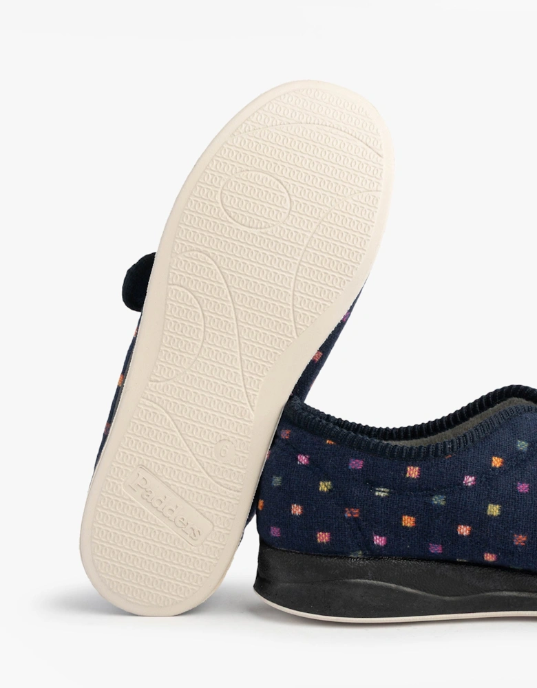 CAMILLA Womens (2E Fit) Touch Fasten Polka Dot Slippers Navy/Multi