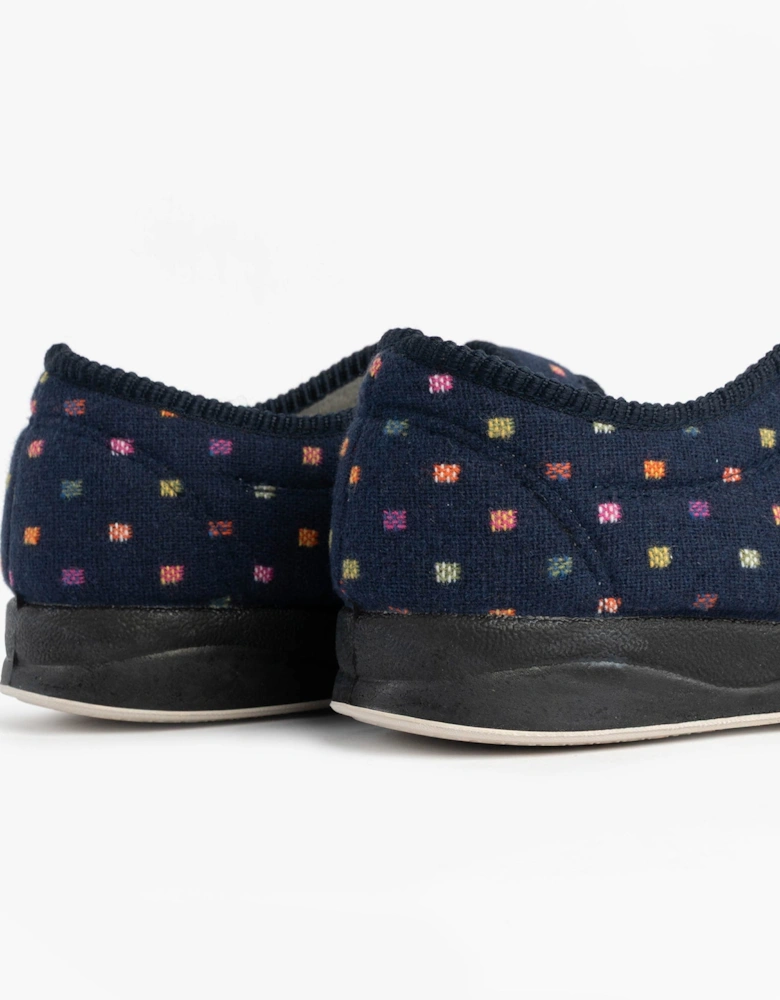 CAMILLA Womens (2E Fit) Touch Fasten Polka Dot Slippers Navy/Multi