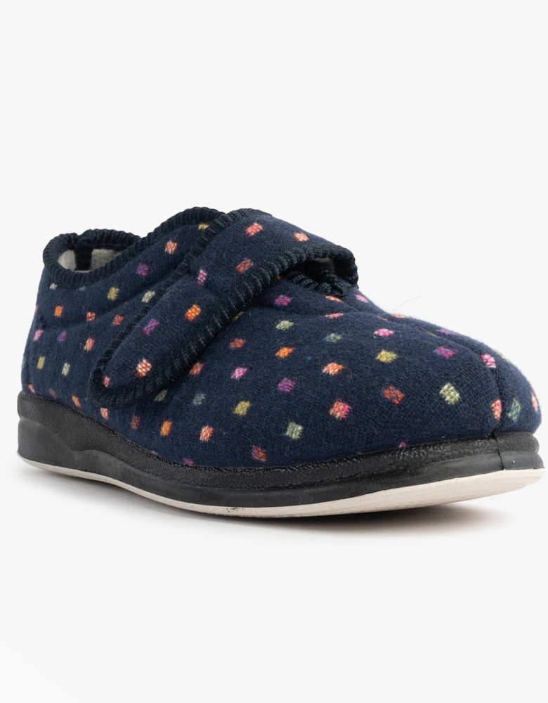 CAMILLA Womens (2E Fit) Touch Fasten Polka Dot Slippers Navy/Multi