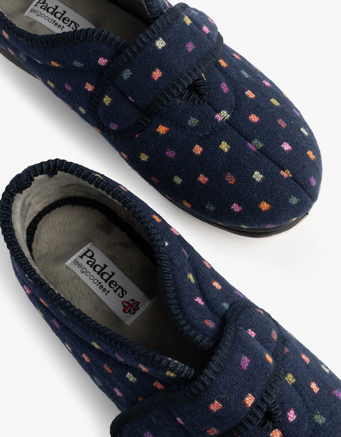 CAMILLA Womens (2E Fit) Touch Fasten Polka Dot Slippers Navy/Multi