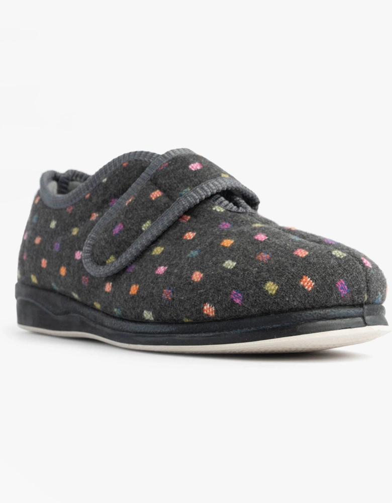 CAMILLA Womens (2E Fit) Touch Fasten Polka Dot Slippers Grey/Multi
