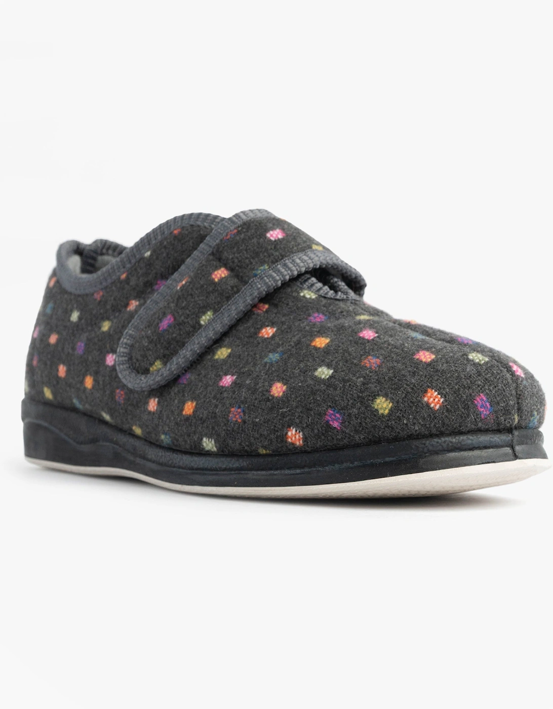 CAMILLA Womens (2E Fit) Touch Fasten Polka Dot Slippers Grey/Multi