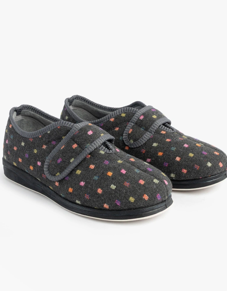 CAMILLA Womens (2E Fit) Touch Fasten Polka Dot Slippers Grey/Multi